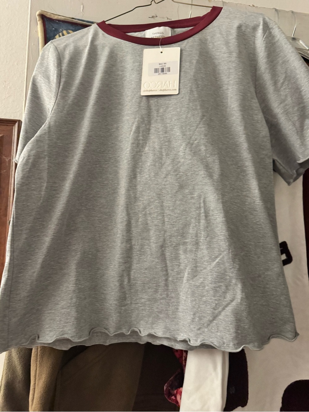 Women’s Grey Tee with Burgundy Trim - Casual Short Sleeve Top